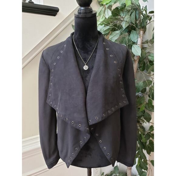 Express Suede Jacket Women Small Black Eyelet Embellished Long Sleeve Open Front - Picture 1 of 12